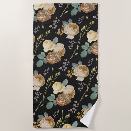 Elegant Chic Beige Rozen Floral on Black Strandlaken (Voorkant)