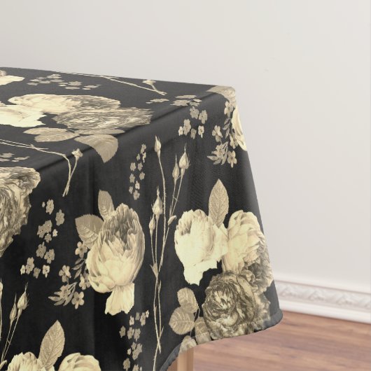 Elegant Chic Beige Rozen Floral on Black Tafelkleed (Voorbeeld)