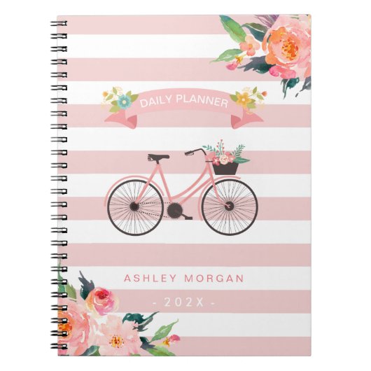 Elegant Chic Bicycle Floral Girly Pink Stripes Notitieboek (Voorkant)