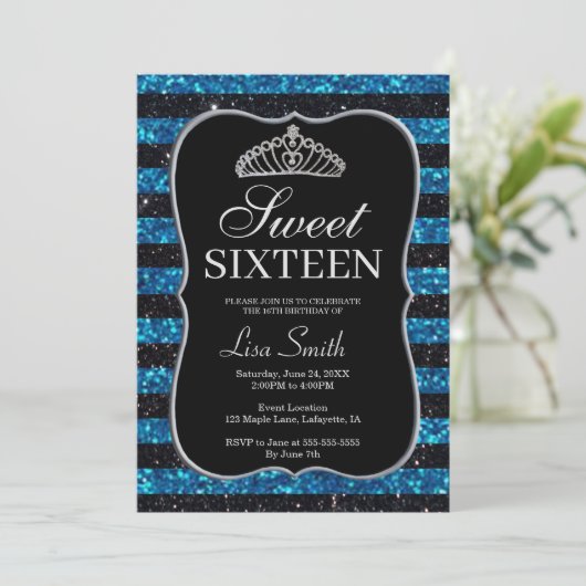 Elegant Chic Black Blue Glitter Tiara Sweet 16 Kaart (Staand voorkant)