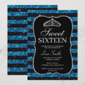 Elegant Chic Black Blue Glitter Tiara Sweet 16 Kaart (Voorkant / Achterkant)