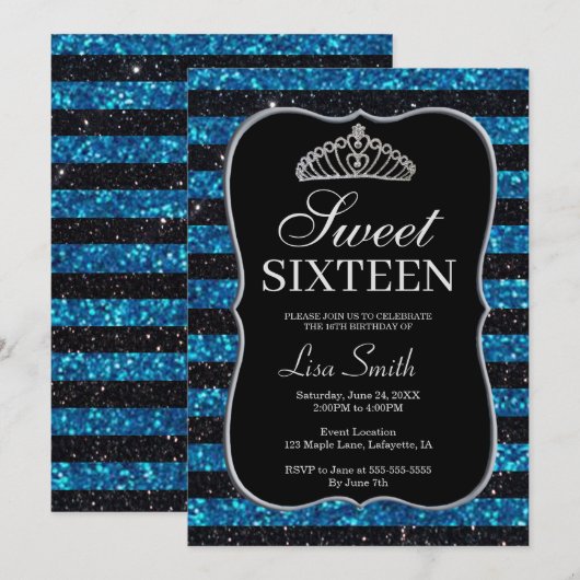 Elegant Chic Black Blue Glitter Tiara Sweet 16 Kaart (Voorkant / Achterkant)