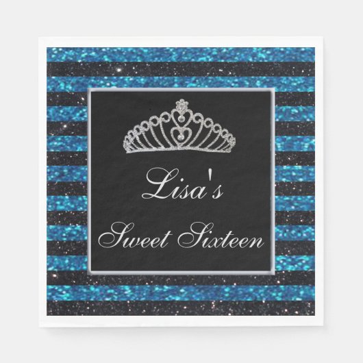 Elegant Chic Black Blue Glitter Tiara Sweet 16 Servet (Voorkant)