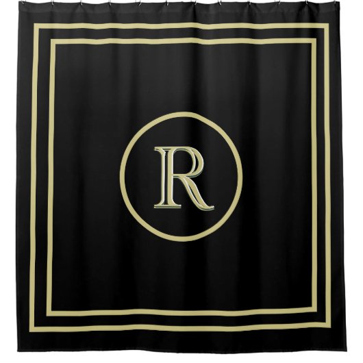 Elegant Chic Black en Gold Custom Monogram Douchegordijn (Voorkant)