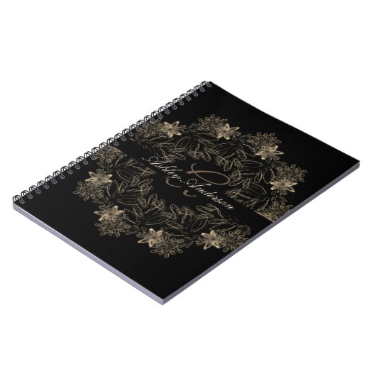 Elegant Chic Black en Gold Floral Script Monogram Notitieboek (Linkerzijde)