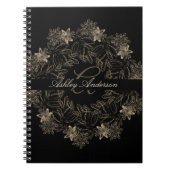 Elegant Chic Black en Gold Floral Script Monogram Notitieboek (Voorkant)