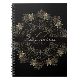 Elegant Chic Black en Gold Floral Script Monogram Notitieboek