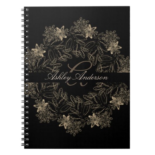 Elegant Chic Black en Gold Floral Script Monogram Notitieboek (Voorkant)