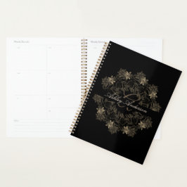 Elegant Chic Black en Gold Floral Script Monogram Planner