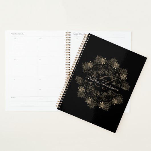Elegant Chic Black en Gold Floral Script Monogram Planner (Display)