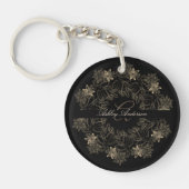 Elegant Chic Black en Gold Floral Script Monogram Sleutelhanger (Voorkant)