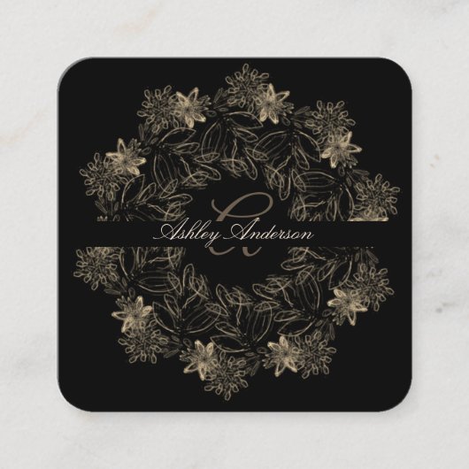 Elegant Chic Black en Gold Floral Script Monogram Vierkante Visitekaartje (Voorkant)