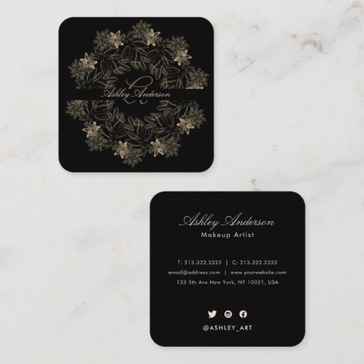 Elegant Chic Black en Gold Floral Script Monogram Vierkante Visitekaartje (Voorkant / Achterkant)