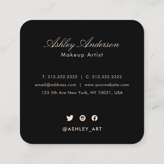 Elegant Chic Black en Gold Floral Script Monogram Vierkante Visitekaartje (Achterkant)