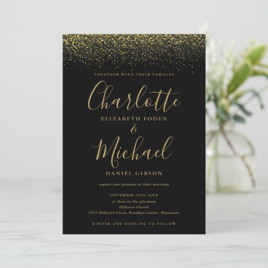 Elegant Chic Black en Gold Glitter Script Weduwen Kaart (Staand voorkant)