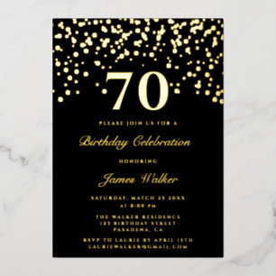 Elegant Chic Black en Gold Script 70th Birthday Folie Uitnodiging