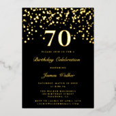 Elegant Chic Black en Gold Script 70th Birthday Folie Uitnodiging (Voorkant)