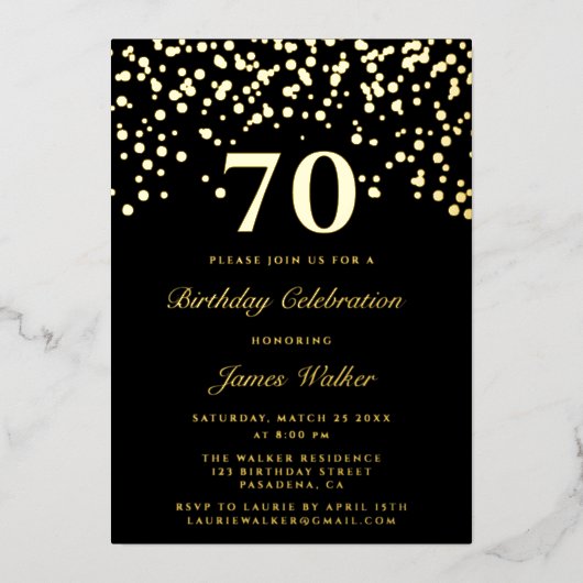 Elegant Chic Black en Gold Script 70th Birthday Folie Uitnodiging (Voorkant)