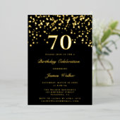 Elegant Chic Black en Gold Script 70th Birthday Folie Uitnodiging (Staand Voorkant)