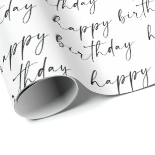 Elegant Chic Black en White Script Happy Birthday Cadeaupapier