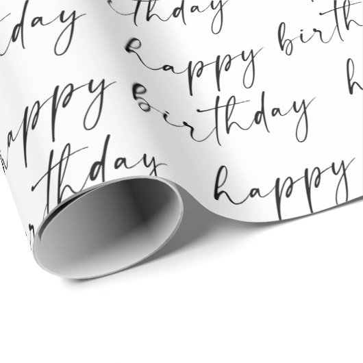 Elegant Chic Black en White Script Happy Birthday Cadeaupapier (Rol Hoek)
