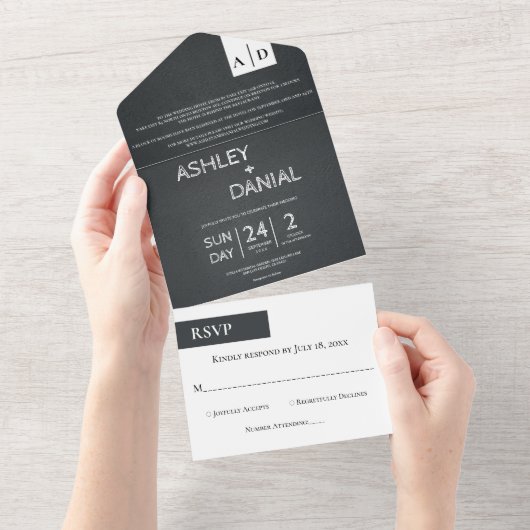 Elegant chic Black en White Script Modern Wedding All In One Uitnodiging (Afscheurbaar)