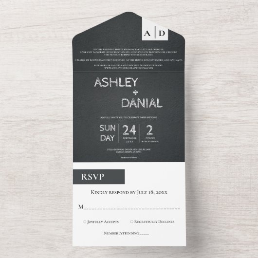 Elegant chic Black en White Script Modern Wedding All In One Uitnodiging (Binnen)