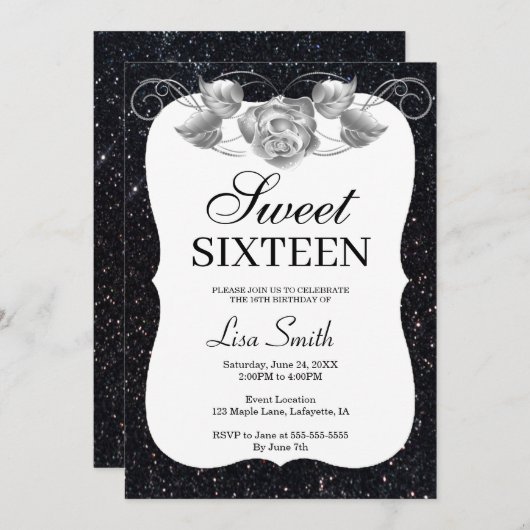 Elegant Chic Black Glitter Silver Roos Sweet 16 Kaart (Voorkant / Achterkant)