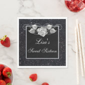 Elegant Chic Black Glitter Silver Roos Sweet 16 Servet (Insitu)