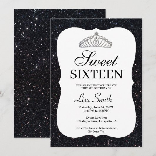 Elegant Chic Black Glitter Tiara Sweet 16 Kaart (Voorkant / Achterkant)