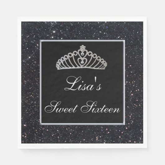 Elegant Chic Black Glitter Tiara Sweet 16 Servet (Voorkant)