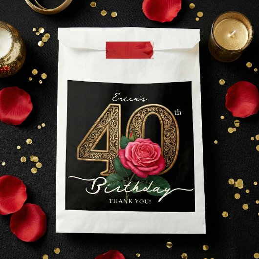 Elegant Chic Black Gold 40th Birthday Red Rose Bedankzakje