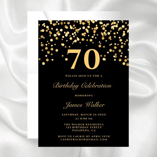 Elegant Chic Black Gold 70th Birthday Party Kaart