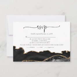 Elegant Chic Black Gold Agate Wedding RSVP Kaart