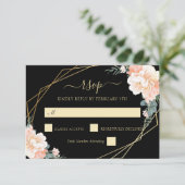 Elegant Chic Black Gold Blush Peach Floral Wedding RSVP Kaartje (Staand voorkant)