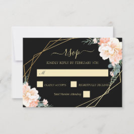 Elegant Chic Black Gold Blush Peach Floral Wedding RSVP Kaartje