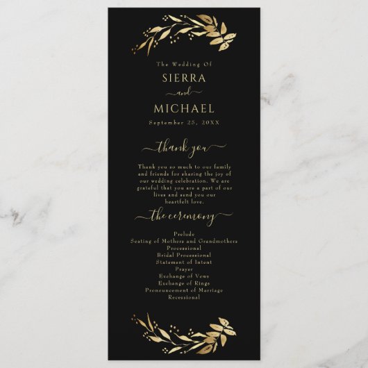 Elegant Chic Black Gold Foliage Wedding Programmakaart (Voorkant)