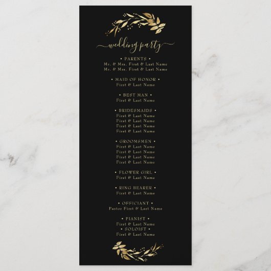 Elegant Chic Black Gold Foliage Wedding Programmakaart (Achterkant)