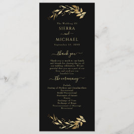 Elegant Chic Black Gold Foliage Wedding Programmakaart