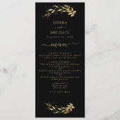 Elegant Chic Black Gold Foliage Weduwen Ontvangen Menu (Voorkant)