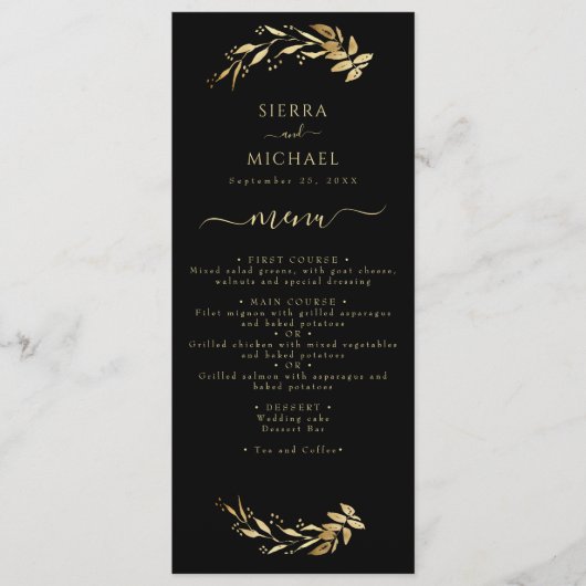 Elegant Chic Black Gold Foliage Weduwen Ontvangen Menu (Voorkant)