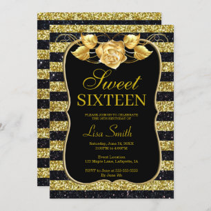 Elegant Chic Black Gold Glitter Roos Sweet 16 Kaart