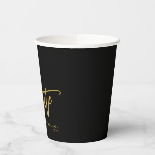 Elegant Chic Black Gold Script Afstuderen Papieren Bekers (Links)