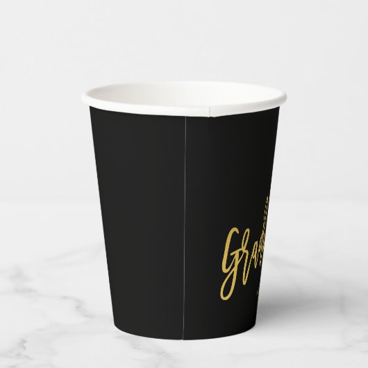 Elegant Chic Black Gold Script Afstuderen Papieren Bekers (Rechts)