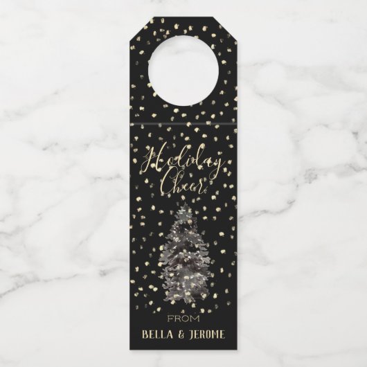 Elegant Chic Black & Gold Snow Holiday Cheer Flessenhanger (Voorkant)