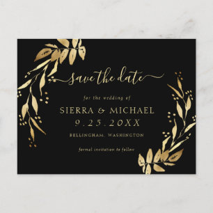 Elegant Chic Black Golden Foliage Save the Date Aankondigingskaart