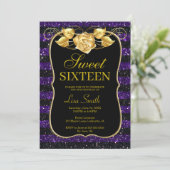 Elegant Chic Black Paars Glitter Roos Sweet 16 Kaart (Staand voorkant)