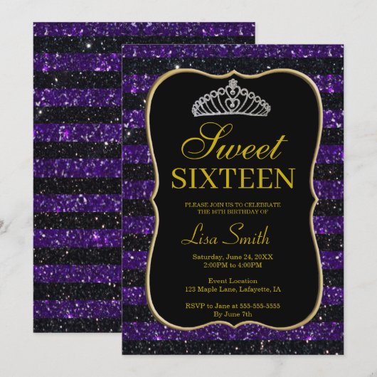 Elegant Chic Black Paars Glitter Tiara Sweet 16 Kaart (Voorkant / Achterkant)