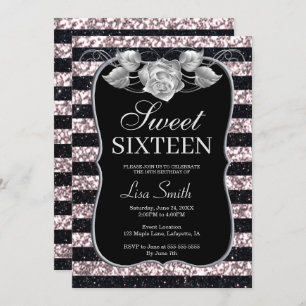 Elegant Chic Black Pink Glitter Roos Sweet 16 Kaart
