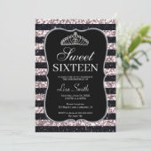 Elegant Chic Black Pink Glitter Tiara Sweet 16 Kaart (Staand voorkant)